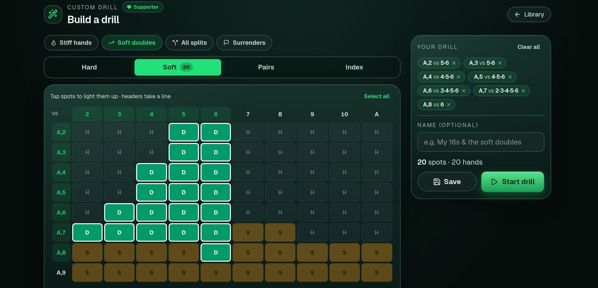 The custom drill builder: soft doubles lit up on the strategy chart, with the drill summary and Start drill button.