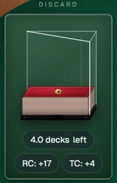 Discard tray on the felt with a stack of played cards growing inside, used to estimate decks remaining alongside live running-count and true-count readouts.