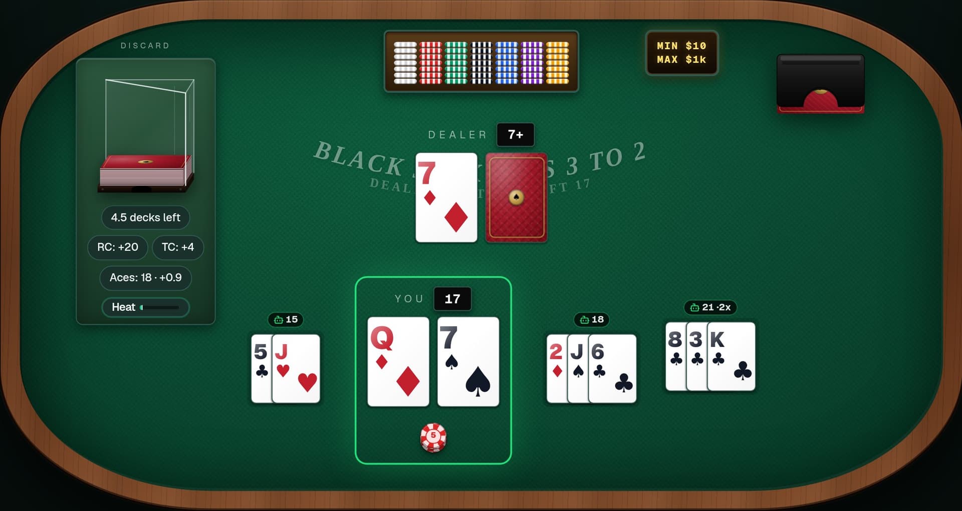 Blackjack simulator running a full table — computer players seated around a live shoe with the player's hand in action