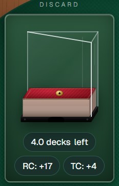 Discard tray on the felt with a stack of played cards growing inside, used to estimate decks remaining alongside live running-count and true-count readouts.